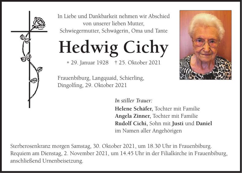 Traueranzeige Hedwig Cichy