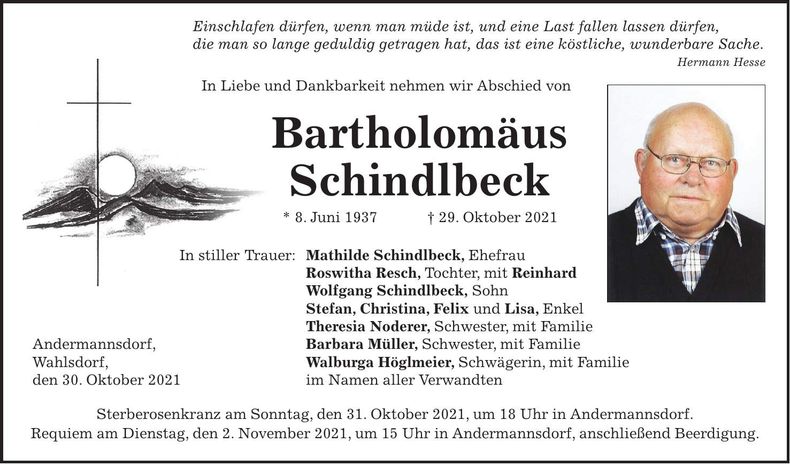 Traueranzeige Bartholomäus Schindlbeck