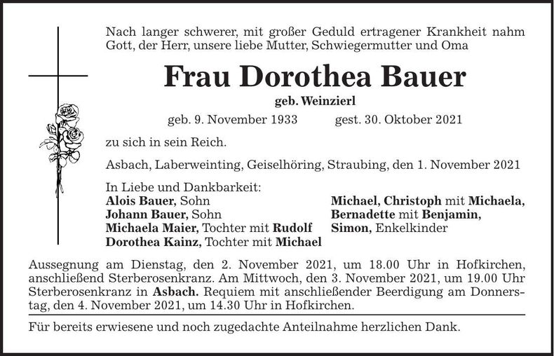 Traueranzeige Dorothea Bauer