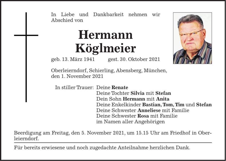 Traueranzeige Hermann Köglmeier