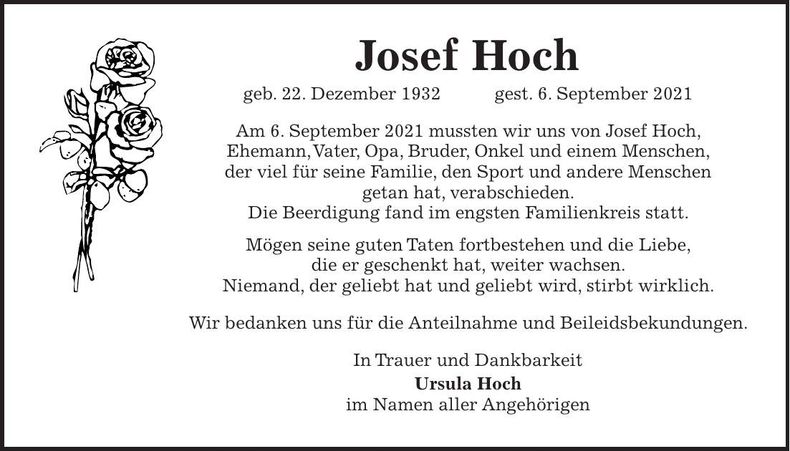 Traueranzeige Josef Hoch