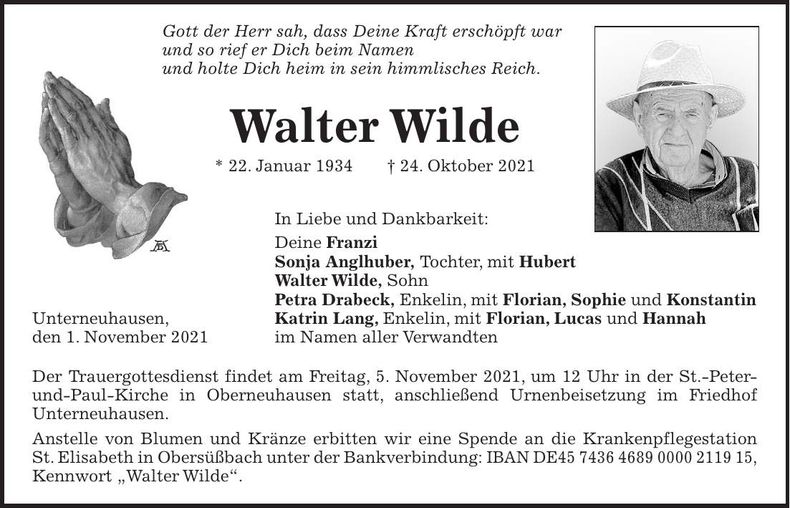 Traueranzeige Walter Wilde
