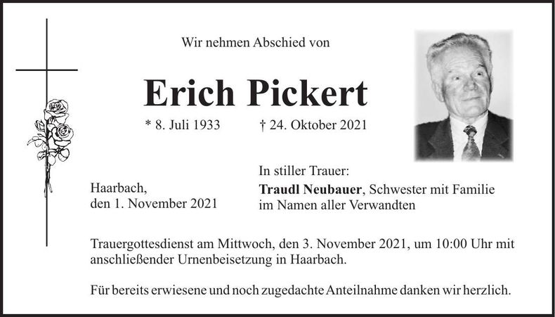 Traueranzeige Erich Pickert