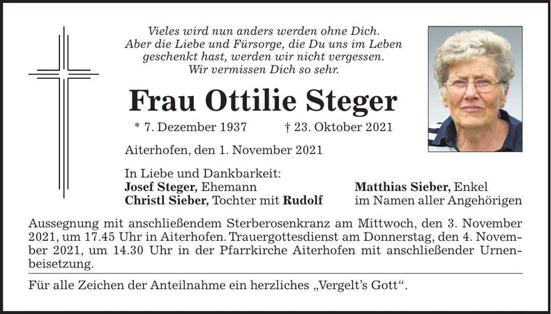 Traueranzeige Ottilie Steger