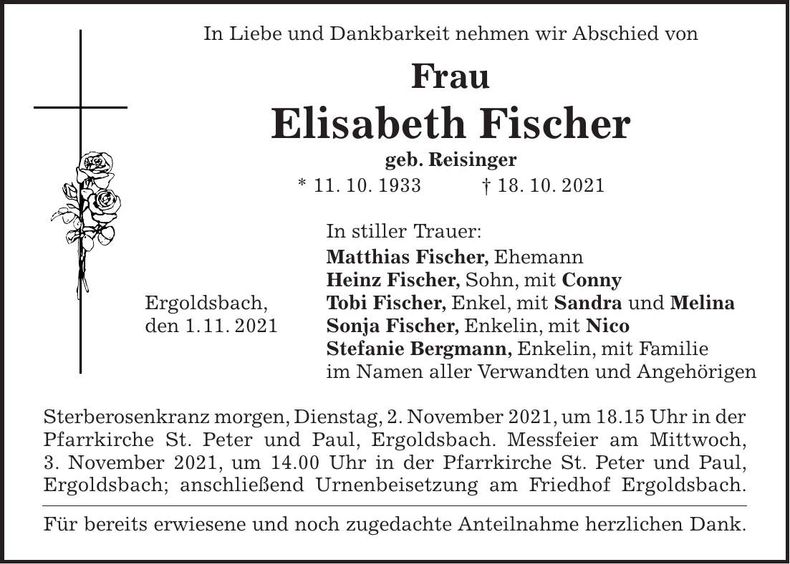 Traueranzeige Elisabeth Fischer