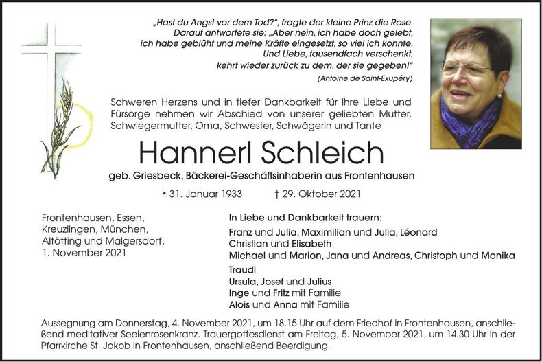 Traueranzeige Hannerl Schleich