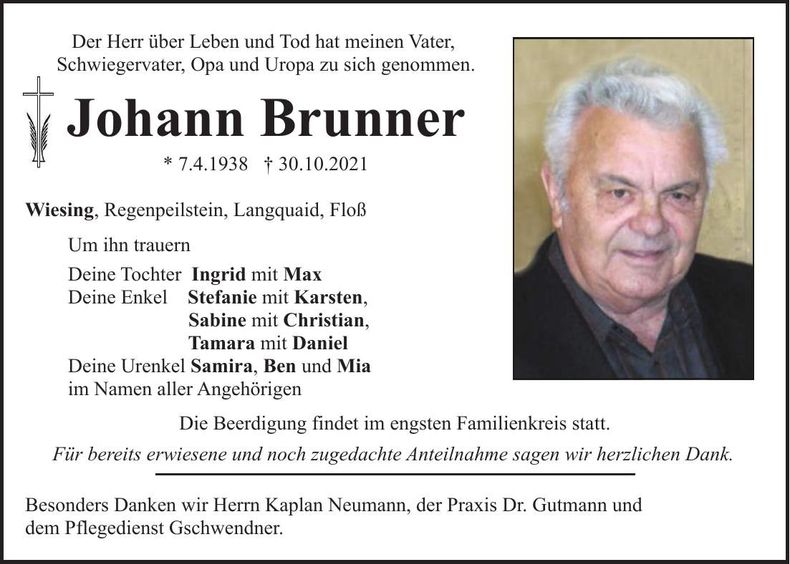 Traueranzeige Johann Brunner