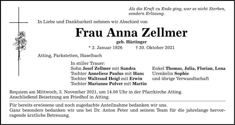 Traueranzeige Anna Zellmer