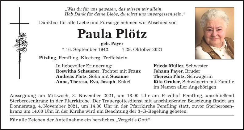 Traueranzeige Paula Plötz