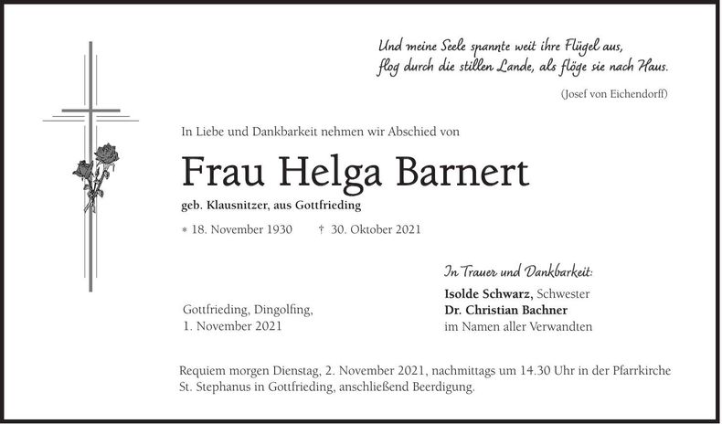 Traueranzeige Helga Barnert