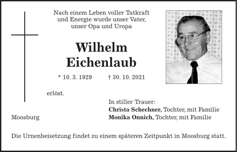Traueranzeige Wilhelm Eichenlaub
