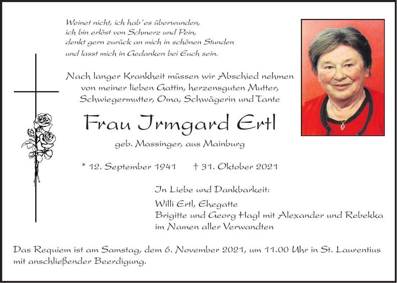 Traueranzeige Irmgard Ertl