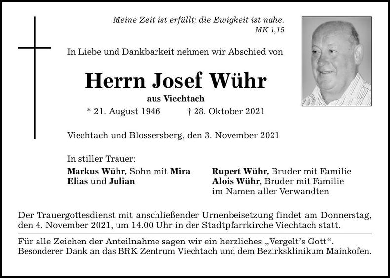 Traueranzeige Josef Wühr