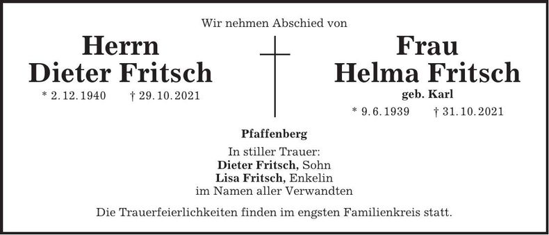Traueranzeige Dieter und Helma Fritsch