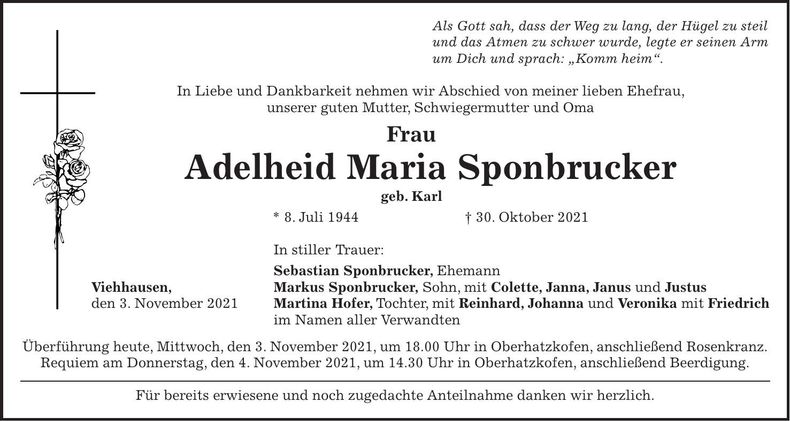 Traueranzeige Adelheid Sponbrucker