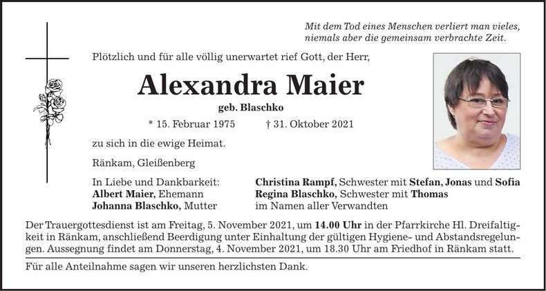 Traueranzeige Alexandra Maier