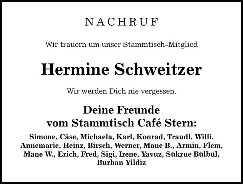 Traueranzeige Hermine Schweitzer