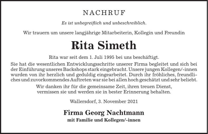 Traueranzeige Rita Simeth