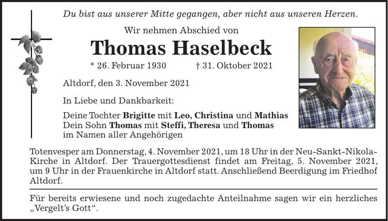 Traueranzeige Thomas Haselbeck