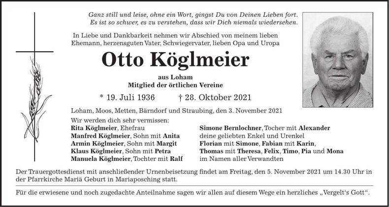 Traueranzeige Otto Köglmeier