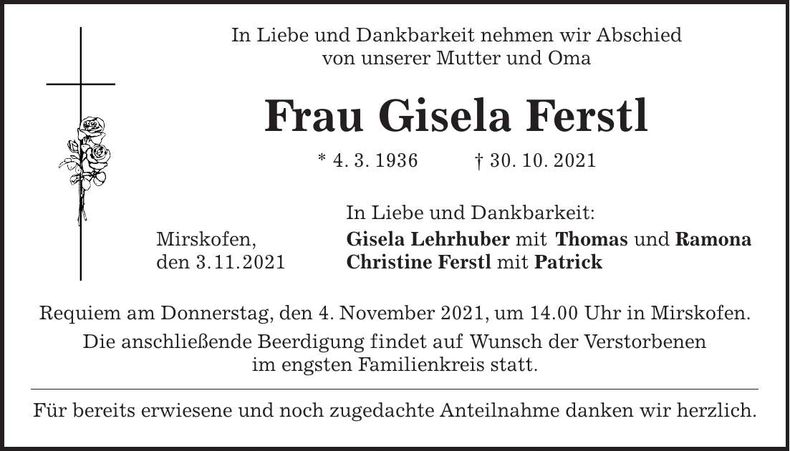 Traueranzeige Gisela Gerstl