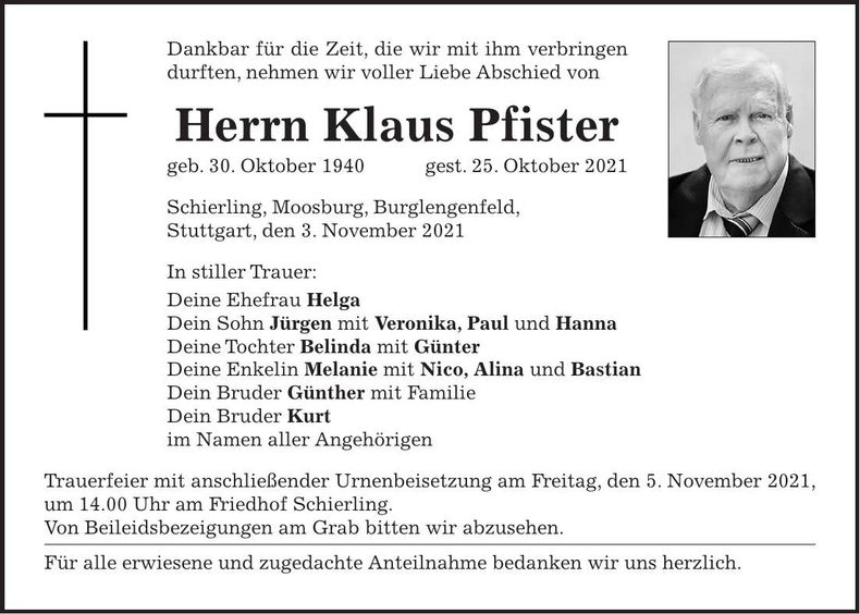 Traueranzeige Klaus Pfister