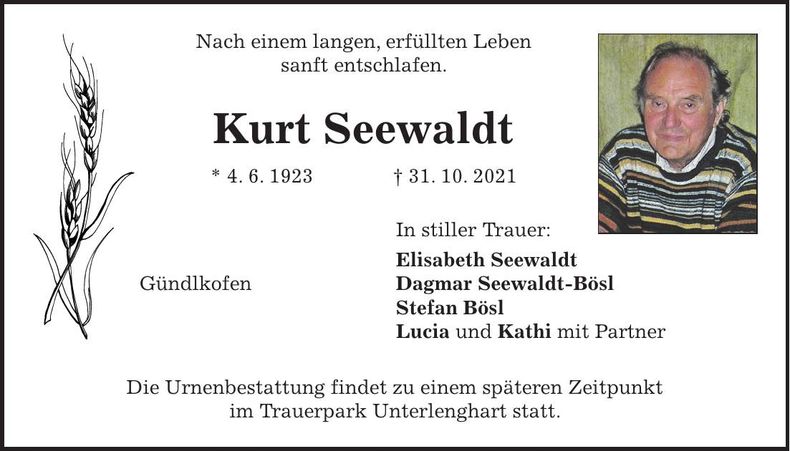Traueranzeige Kurt Seewaldt