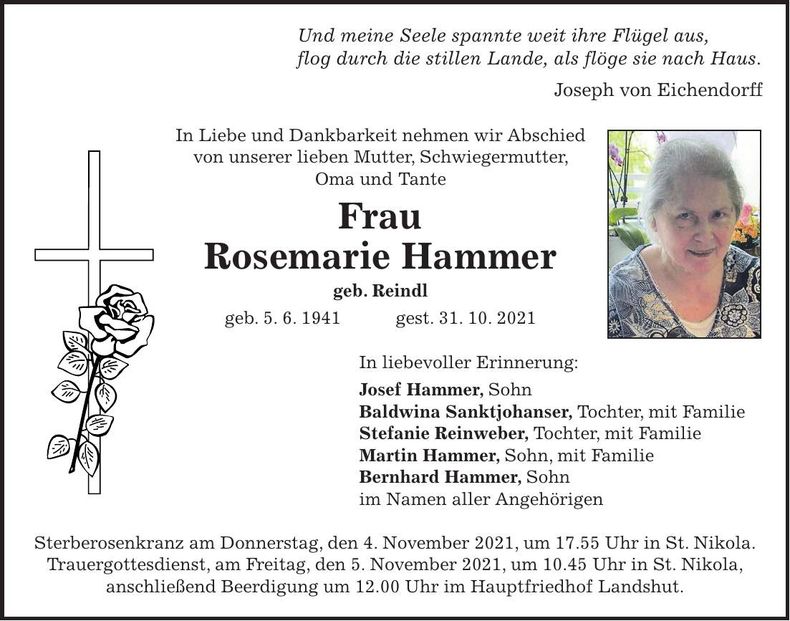 Traueranzeige Rosemarie Hammer