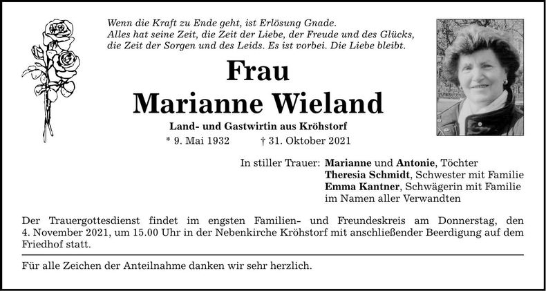 Traueranzeige Marianne Wieland