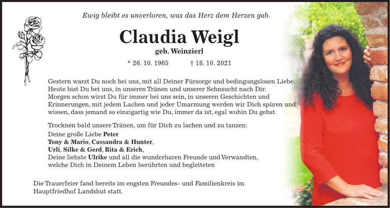 Traueranzeige Claudia Weigl