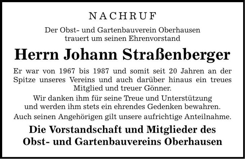 Traueranzeige Johann Straßenberger