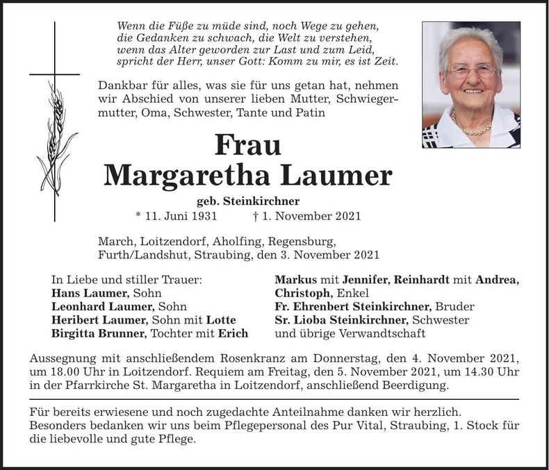 Traueranzeige Margaretha Laumer