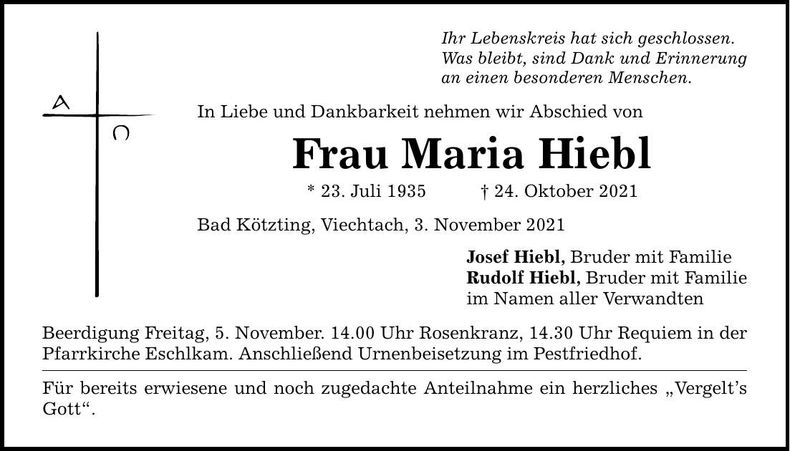 Traueranzeige Maria Hiebl