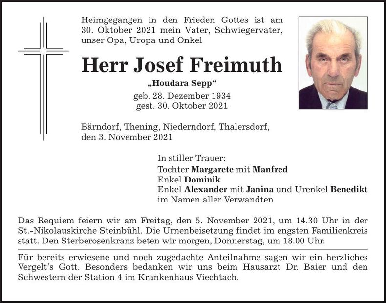 Traueranzeige Josef Freimuth