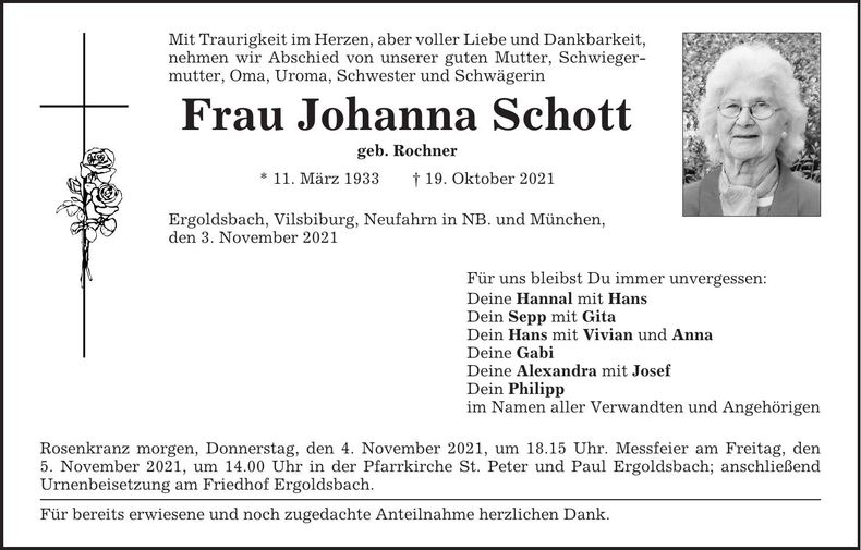 Traueranzeige Johanna Schott