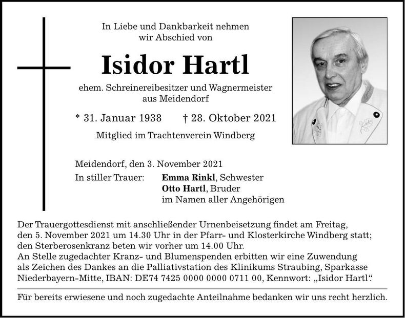 Traueranzeige Isidor Hartl