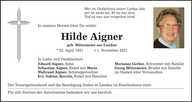 Traueranzeige Hilde Aigner