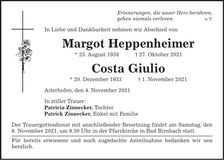Traueranzeige Margot Heppenheimer / Costa