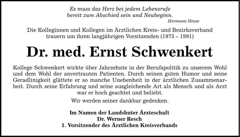 Traueranzeige Ernst Schwenkert