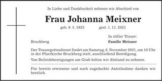 Traueranzeige Johanna Meixner