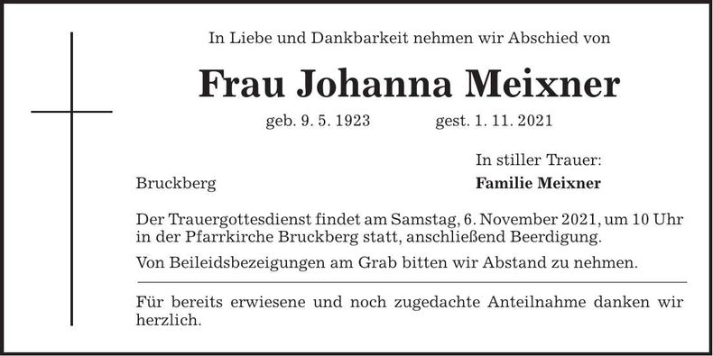 Traueranzeige Johanna Meixner