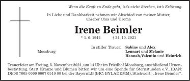 Traueranzeige Irene Beimler