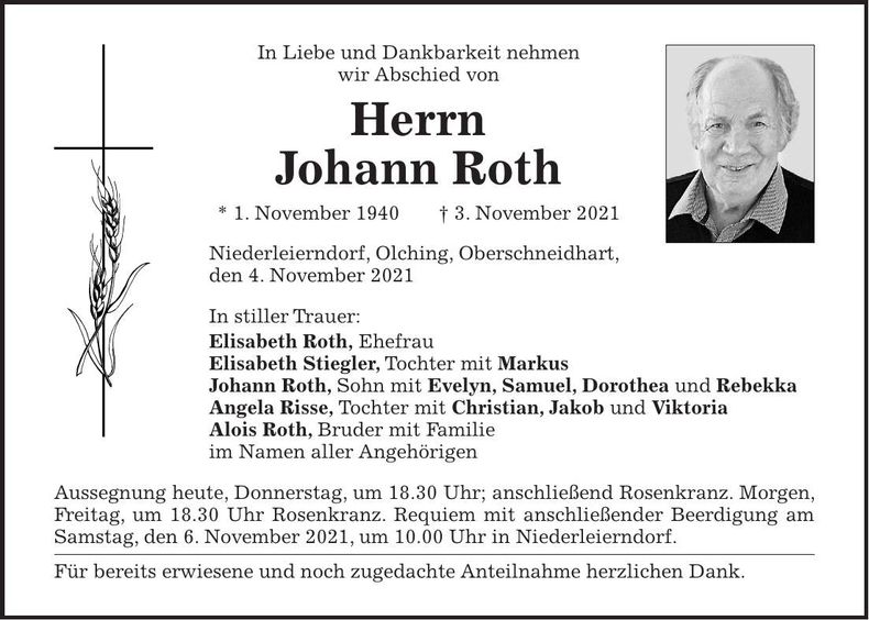 Traueranzeige Johann Roth