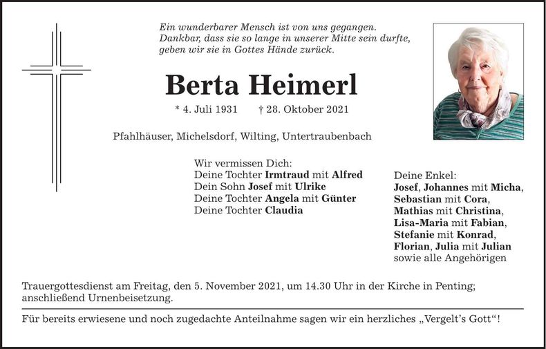 Traueranzeige Berta Heimerl
