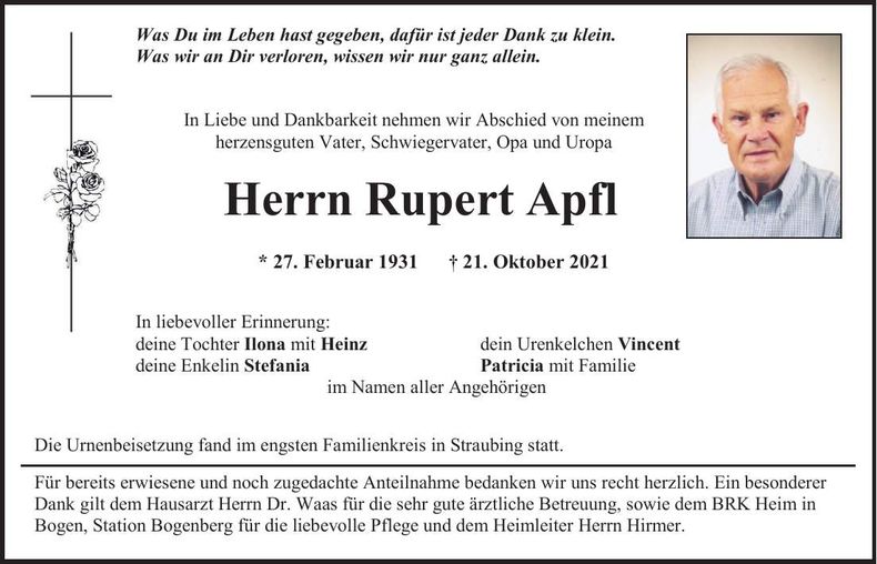 Traueranzeige Rupert Apfl