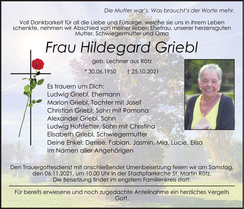 Traueranzeige Hildegard Griebl