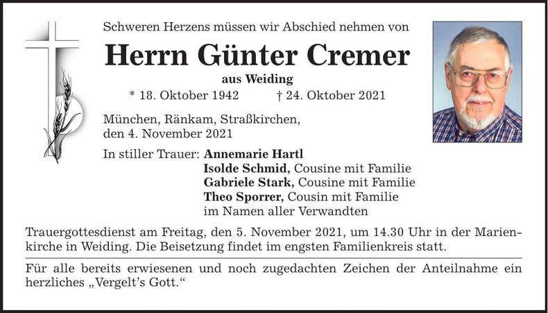 Traueranzeige Günter Cremer
