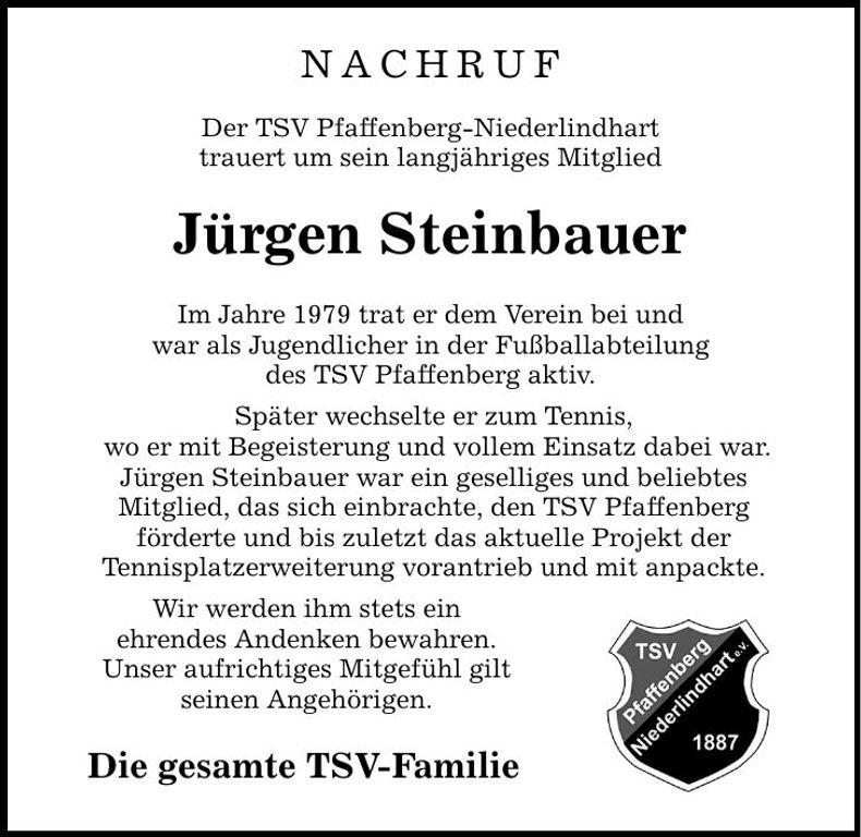 Traueranzeige Jürgen Steinbauer
