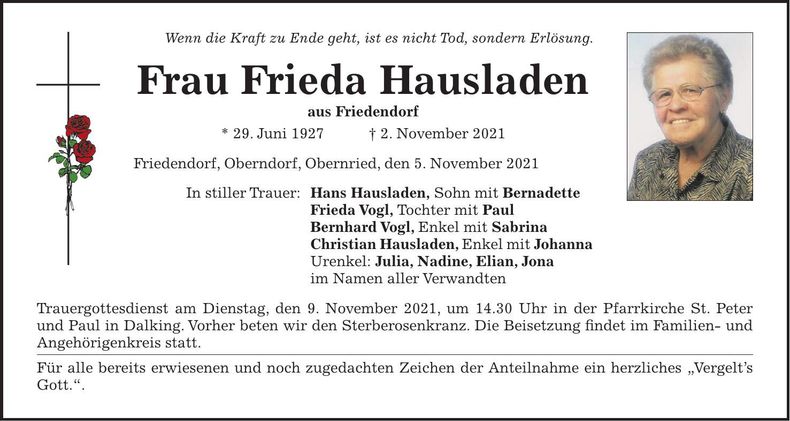 Traueranzeige Frieda Hausladen
