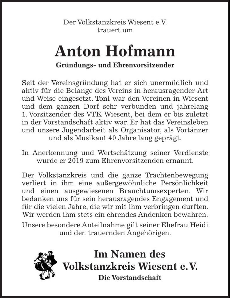 Traueranzeige Anton Hofmann